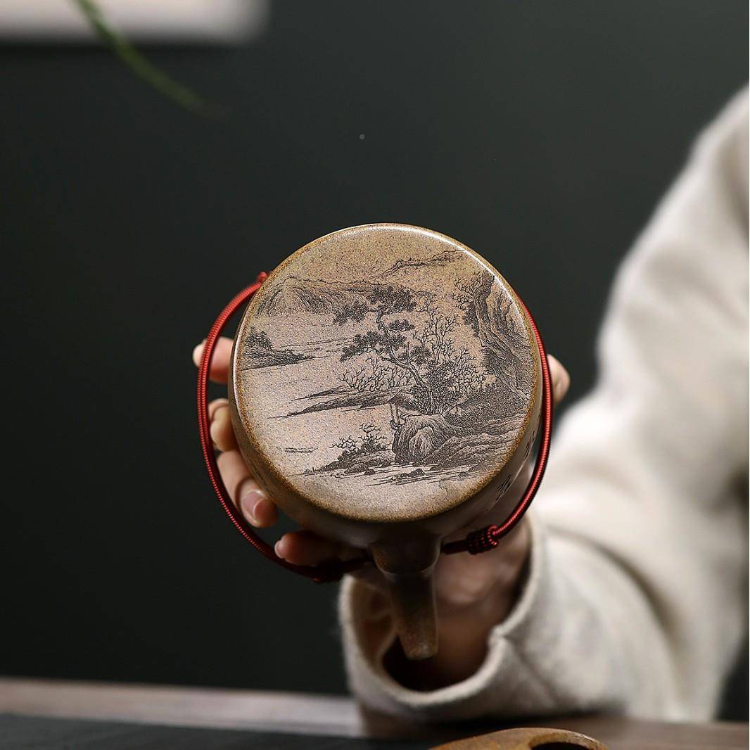 爆款名手工家作制茶原矿高温PWD柴烧沉香泥刻绘醉牡丹洋桶壶分销