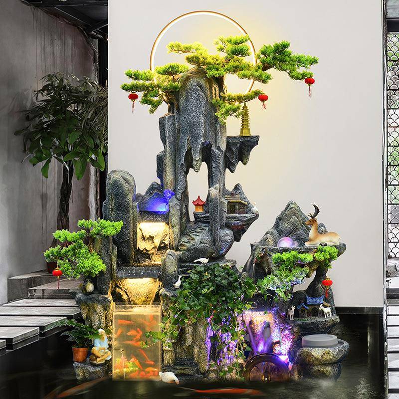 大型假山流水喷水泉造景鱼落地缸摆件酒店办PYH公室风轮厅客玄关