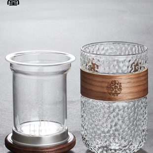 容山堂玻璃水杯木套防烫茶杯锤纹茶水分离带盖过滤办公室泡茶杯