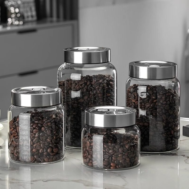 咖啡豆保存罐密封罐高硼硅玻璃储存罐咖啡粉收纳罐自动排气储物罐