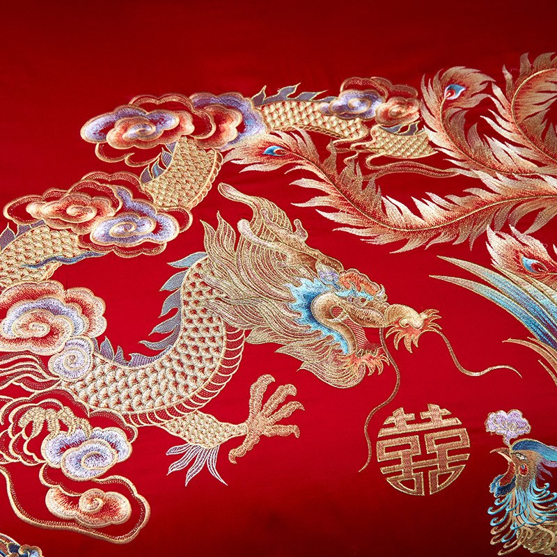 高端160支双h股长绒棉刺绣结婚四件套 全棉贡缎大红婚庆床品十件