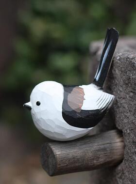 鹿妖商店 肥啾木雕小鸟 翘尾版北长尾山雀 银喉 手工摆件 礼物