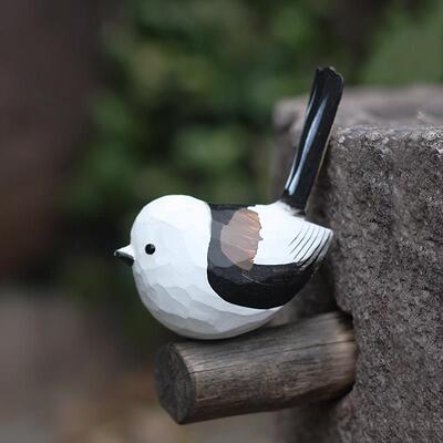 鹿妖商店 肥啾木雕小鸟 翘尾版北长尾山雀 银喉 手工摆件 礼物