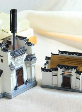 中式覆古国潮徽派建筑笔筒名片夹模型创意礼品生日办公室桌面摆件