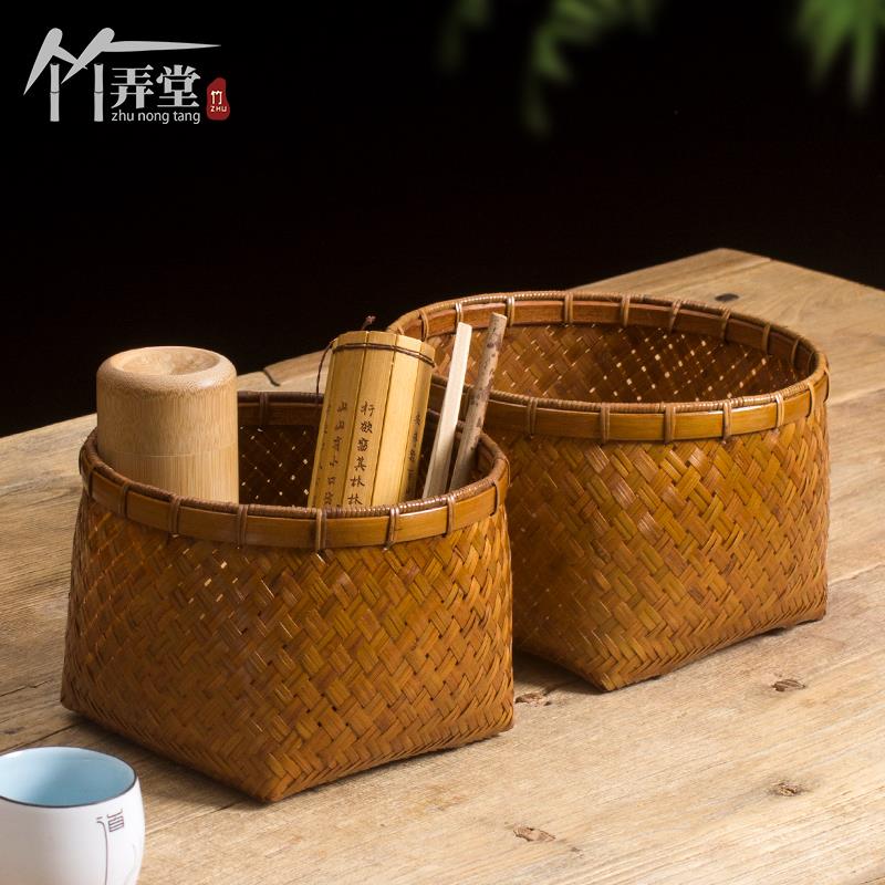 手工竹编圆形收纳筐 家用桌面茶几水果篮 复古精编书画卷轴纸篓