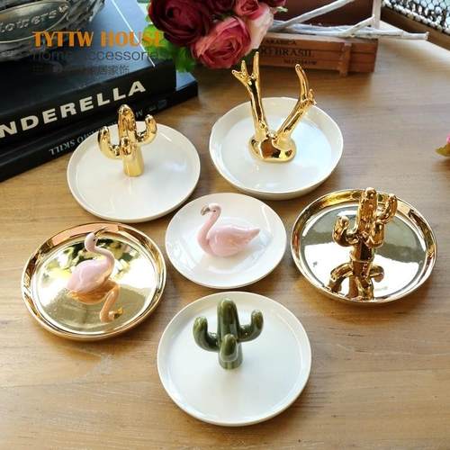 高档潮品天鹅仙人掌陶瓷首饰托盘戒指托盘收纳碟收纳家居饰品摆件