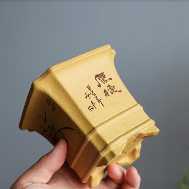 宜兴紫砂花盆兰花盆景多肉菖蒲盆手工刻绘黄段泥抽角四方特价包邮