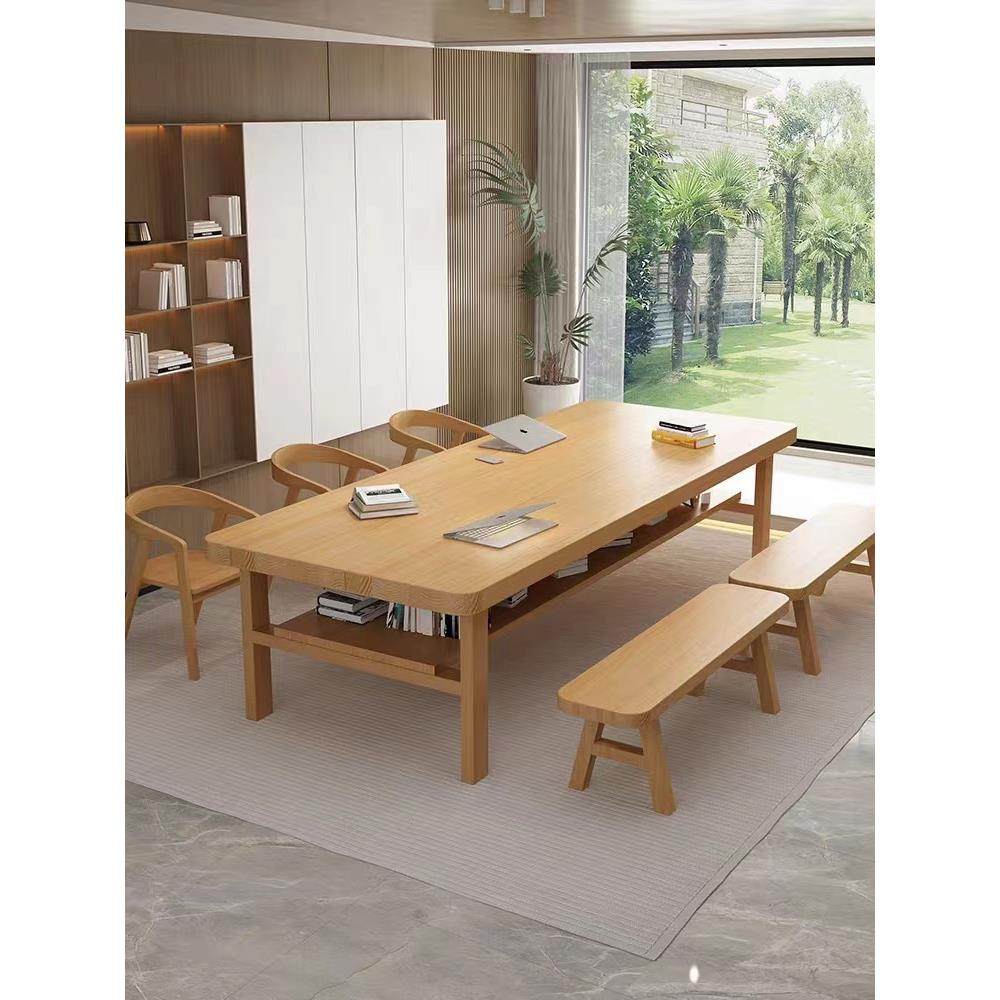 北欧实木办公桌双层书桌学生写字桌简约家用长桌收纳手工书画桌椅