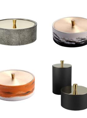 现代简约新中式手绘山橙色圆盖首饰盒摆件轻奢样板房黑色收纳饰品