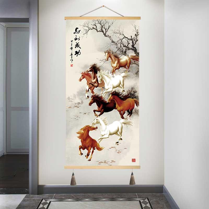 新中式挂画定制卷轴画装饰画八骏图玄关卧室餐厅墙壁画布艺画墙画图片
