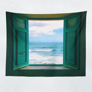 窗户大海挂布蓝色安静海景装 ins夏天清凉背景布床头布置画 w饰布