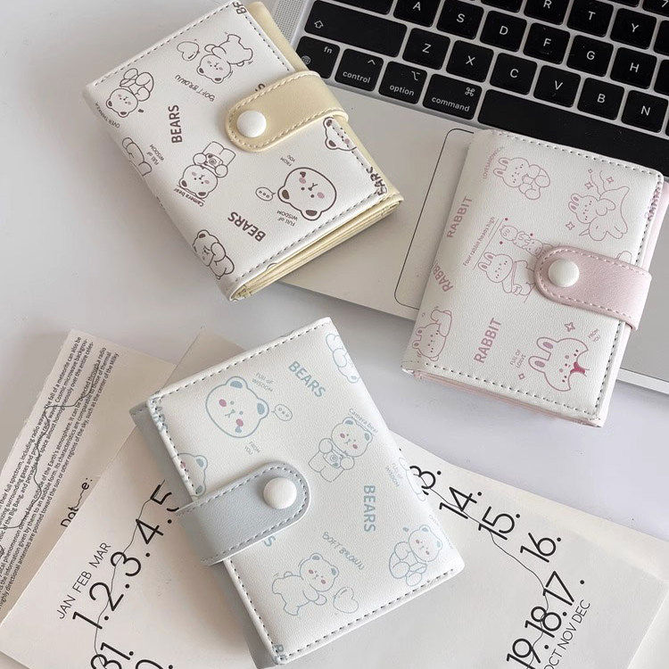 可爱小熊钱包女小清新ins风韩版印花短款三折钱夹卡包学生零钱包