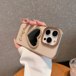 适用苹果16promax手机壳带钻爱心镜子轻奢补妆镜iPhone15pro高级感14pm镶钻i16透明超好看高颜值网红新款女生