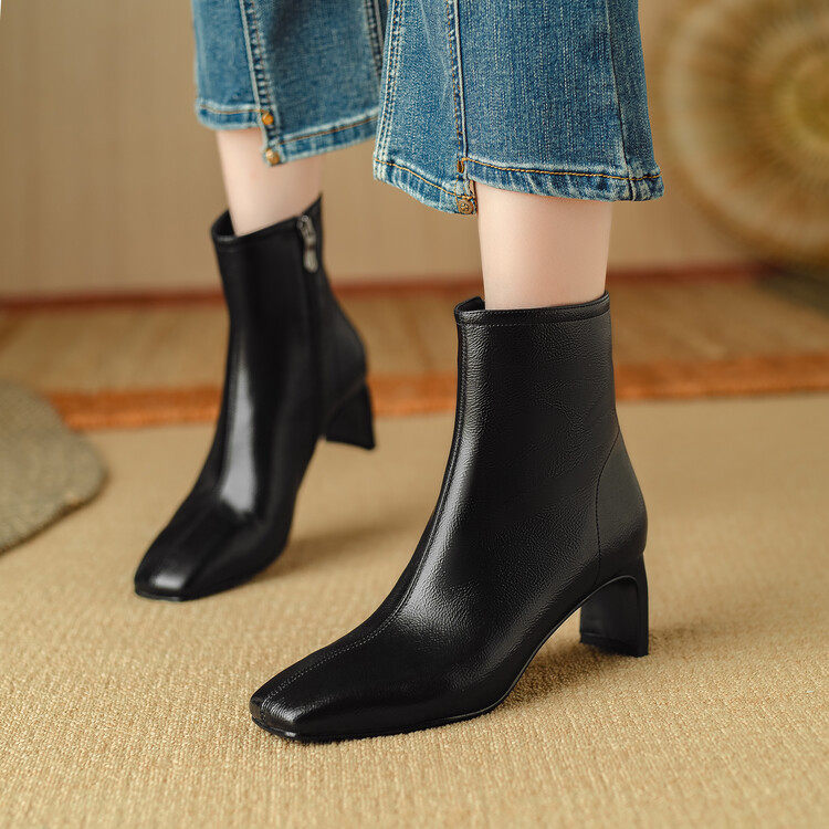 里外全皮！酒红色方头短靴女2024年法式复古粗跟侧拉链瘦瘦靴气质