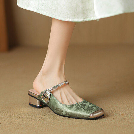 2024夏季新款新中式国风拼接方跟中跟包头半拖女舒适百搭旗袍裙子