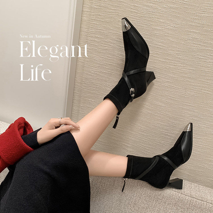 又A又飒~真皮法式金属尖头交叉扣带弹力瘦瘦靴气质高跟黑色短靴女,户外/登山/野营/旅行用品,登山鞋/徒步鞋,淘宝优惠券,粉丝福利购,淘宝优惠卷