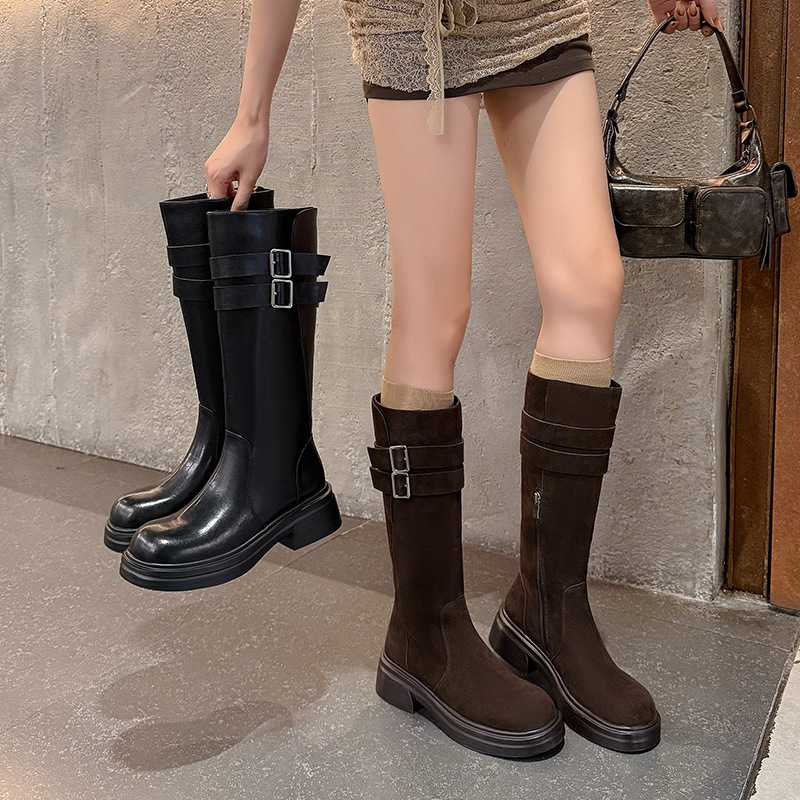2025秋冬新款真皮欧美高级感皮带扣骑士靴厚底显瘦不过膝长筒靴女