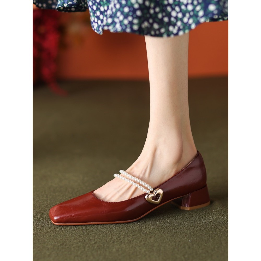 法式串珠玛丽珍小皮鞋漆皮方头浅