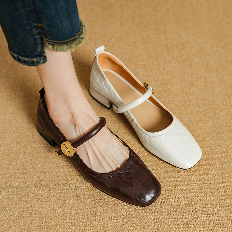 美翻了舒适不累脚方头粗跟浅口玛丽珍单鞋2024秋里外全皮百搭女鞋