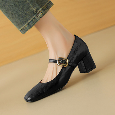 真皮玛丽珍女鞋春秋法式复古一字扣带方头浅口粗跟单鞋高跟小皮鞋
