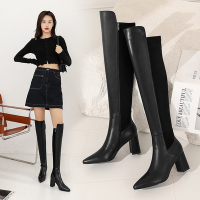 秋冬新款尖头过膝长靴女高跟弹力长筒靴瘦腿粗跟真皮高筒靴大码