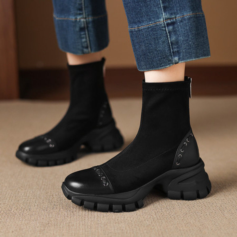 女士设计感个性时尚2025新款圆头松糕底高跟柔软弹力靴短筒短靴子