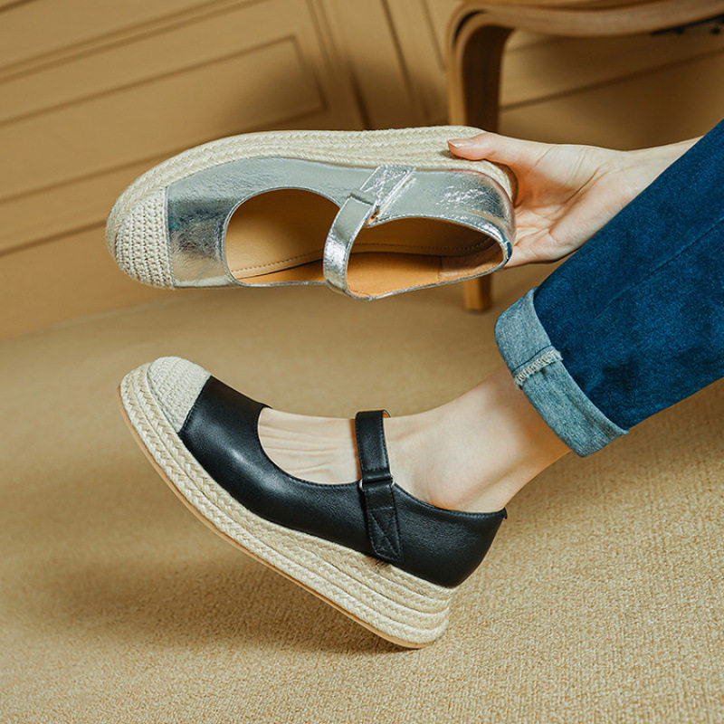 法式百搭圆头一字带高坡跟草编厚底浅口单鞋女2025新款夏季银黑色