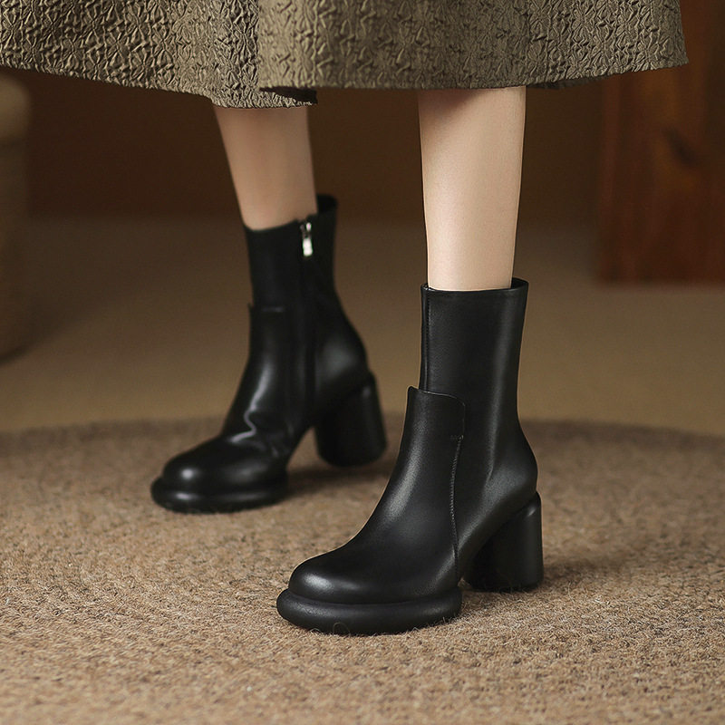 里外全皮纯色真皮防水台高跟短靴女秋季新款圆头全皮粗跟时装靴子