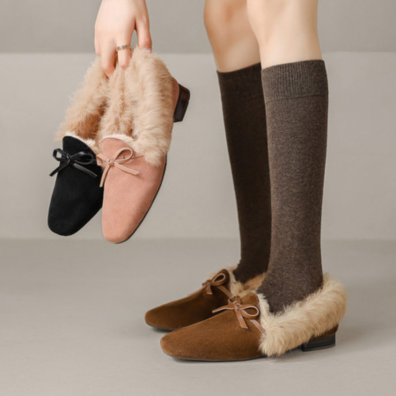 甜美真皮毛毛鞋女冬外穿磨砂真皮蝴蝶结兔毛加绒低跟乐福鞋单鞋