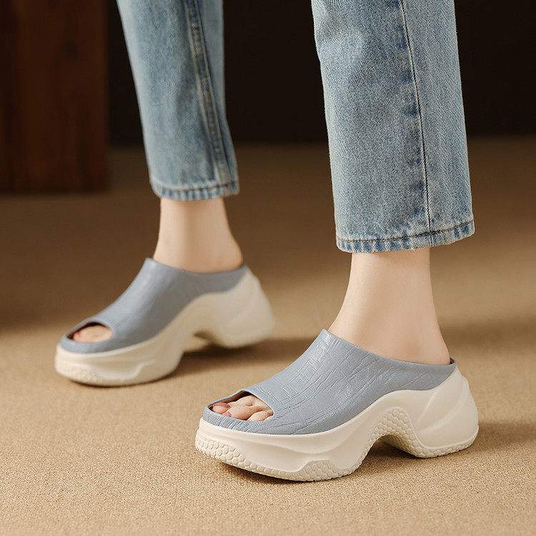 时尚外穿厚底罗马女拖鞋复古真皮一字型凉拖粗跟松糕蓝色露趾凉鞋,户外/登山/野营/旅行用品,登山鞋/徒步鞋,淘宝优惠券,粉丝福利购,淘宝优惠卷