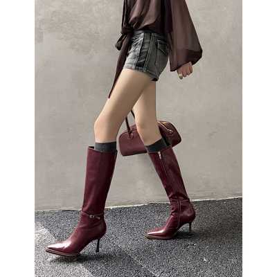 巨好看2025新款真皮高跟长靴女秋冬高筒靴子细跟长筒骑士靴尖头靴
