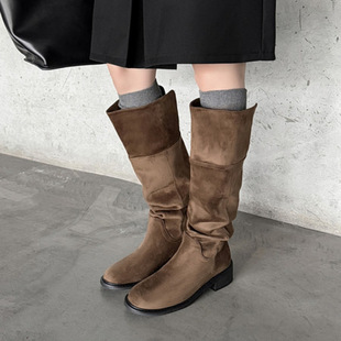 女士两穿极简2025年秋冬圆头粗跟中跟高筒长靴子不过膝翻领时装 靴
