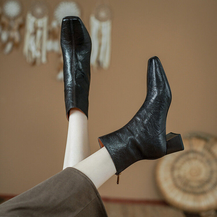 里外纯皮!羊皮5cm秋冬复古马丁靴切尔西短靴显瘦粗跟时装靴潮方头