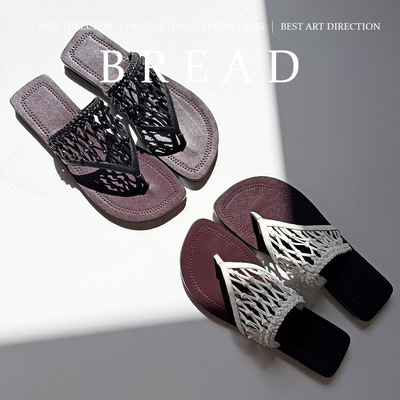 小众夏新款夹脚手工针织平底一脚蹬凉拖鞋露趾黑色网眼镂空凉鞋女