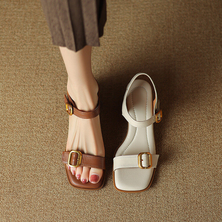 真皮时尚金属皮带扣露趾方头粗跟罗马鞋女一字带法式复古棕色凉鞋,户外/登山/野营/旅行用品,登山鞋/徒步鞋,淘宝优惠券,粉丝福利购,淘宝优惠卷