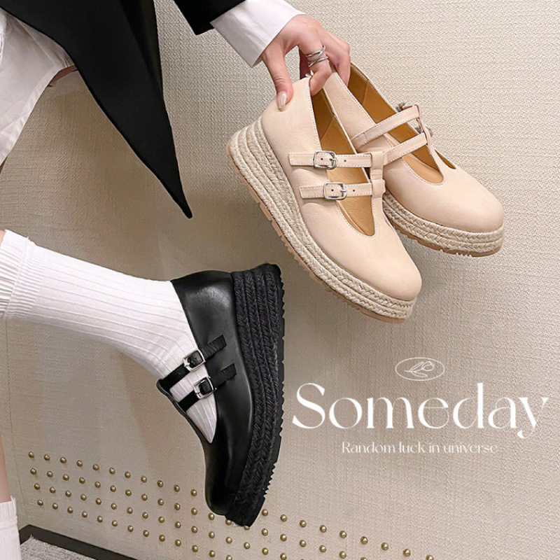 5cm编底舒适休闲女鞋2025秋款松糕厚底单鞋T型皮带扣玛丽珍鞋