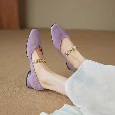 真皮单鞋女低跟粗跟2025年新款复古玛丽珍里外全皮浅口方头一字带