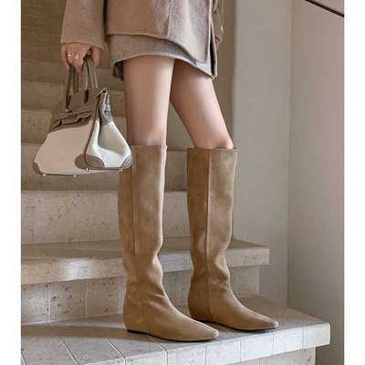 2025秋冬新款复古内增高长筒靴尖头高筒靴女绒面大筒围褶皱堆堆靴