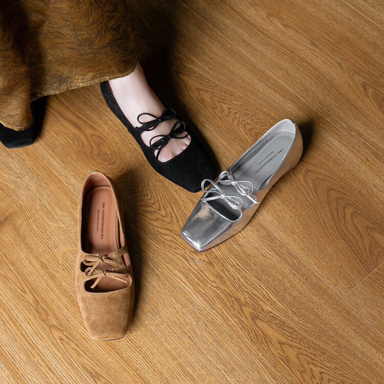 内增高时尚蝴蝶结单鞋女2024秋季新款韩版方头浅口百搭舒适平底鞋