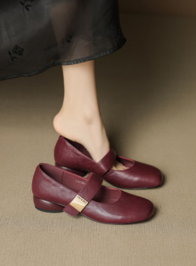 3cm粗跟超软羊皮复古红色玛丽珍小皮鞋女春秋季新款低跟浅口单鞋