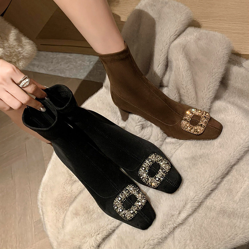 精致仙女风水钻扣绒面粗跟方头弹力短靴2025秋季后拉链舒适瘦瘦靴