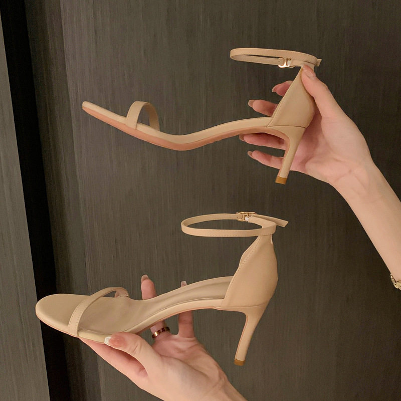 两种跟高简约小性感细高跟2023夏季新款全皮圆头基础一字带凉鞋女
