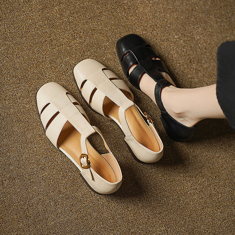 2.5cm 夏季圆头粗跟平底罗马凉鞋法式复古百搭休闲真皮包头女凉鞋,户外/登山/野营/旅行用品,登山鞋/徒步鞋,淘宝优惠券,粉丝福利购,淘宝优惠卷