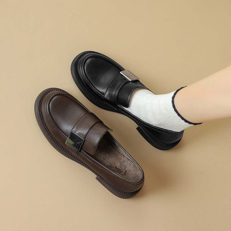 FairyWink 北野花雾～！粗跟厚底金属扣乐福鞋女单鞋英伦风小皮鞋