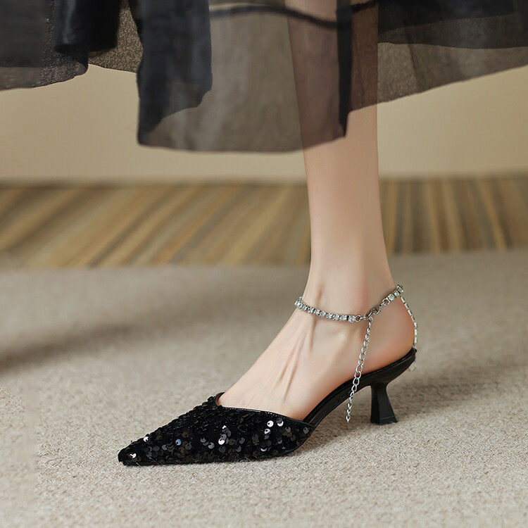 黑色通勤细跟高跟鞋女夏2024气质尖头浅口亮片水钻一字带后空凉鞋,户外/登山/野营/旅行用品,登山鞋/徒步鞋,淘宝优惠券,粉丝福利购,淘宝优惠卷