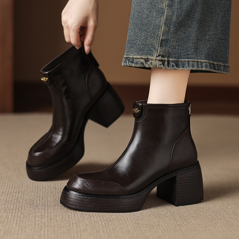 法式复古真皮粗跟短靴女春秋单靴厚底小皮鞋高跟马丁靴真皮及踝靴,户外/登山/野营/旅行用品,登山鞋/徒步鞋,淘宝优惠券,粉丝福利购,淘宝优惠卷