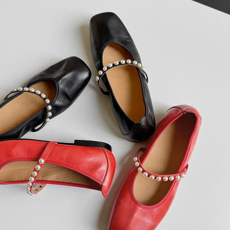 真皮法式复古方头平底珍珠一字带单鞋女春秋奶奶鞋玛丽珍女款
