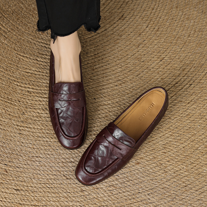 法式深口单鞋女春秋圆头低跟平底粗跟真皮英伦风头层牛皮乐福鞋女