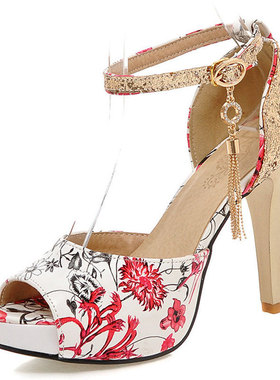 亮片印花凉鞋女士高跟鱼嘴大码女鞋810