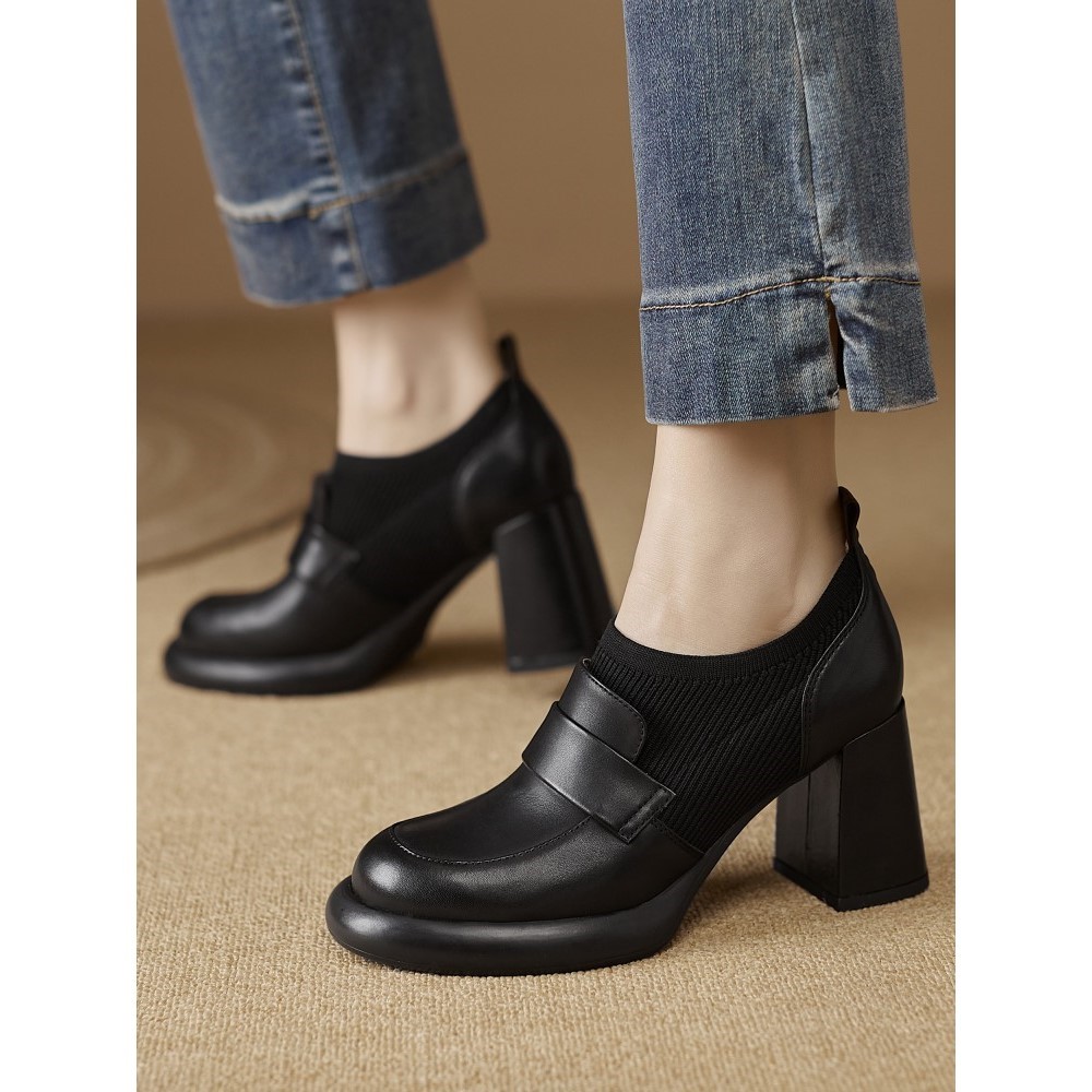 法式复古针织拼接厚底深口单鞋及